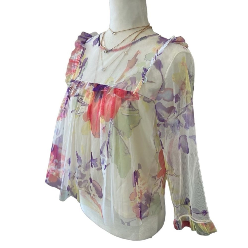 (NWT) Mimi Chica ruffled sheer cropped blouse ivory floral size medium - Picture 2 of 16